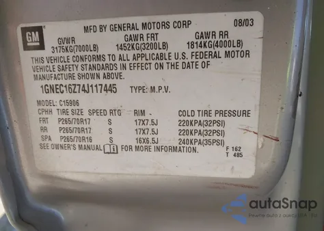 2004 Chevrolet Suburban 1500 Lt z USA, uszkodzony, nr VIN 1GNEC16Z74J117445